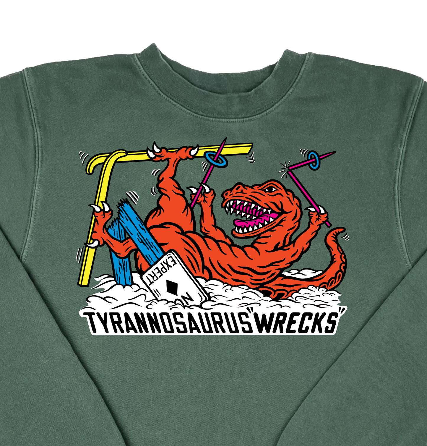 Skiing Tyrannosaurus Wrecks “Pigment Dyed” Crewneck Sweatshirt