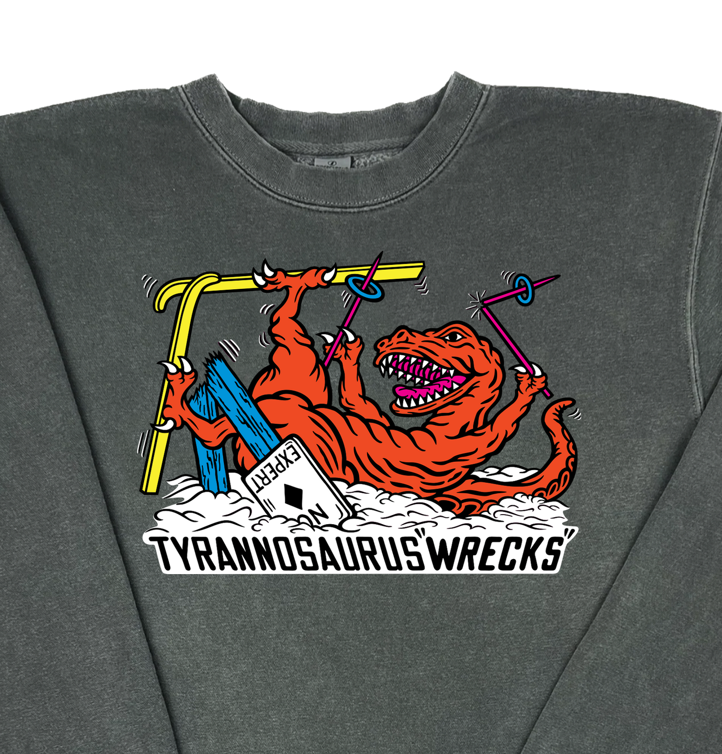 Skiing Tyrannosaurus Wrecks “Pigment Dyed” Crewneck Sweatshirt