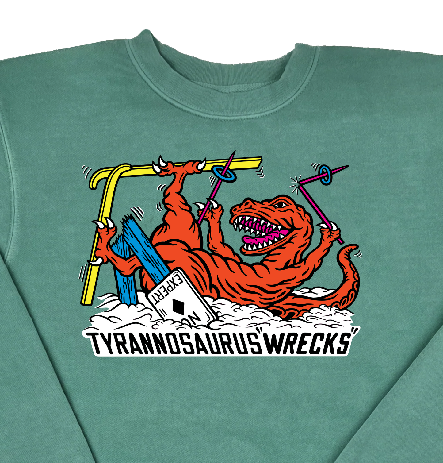 Skiing Tyrannosaurus Wrecks “Pigment Dyed” Crewneck Sweatshirt
