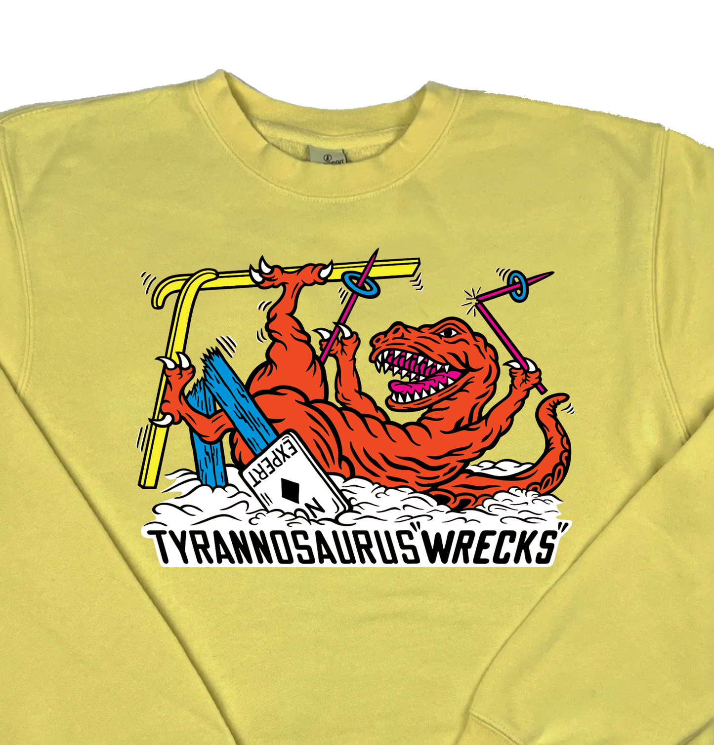 Skiing Tyrannosaurus rex Wrecks “Pigment Dyed” Crewneck Sweatshirt Dino Puns