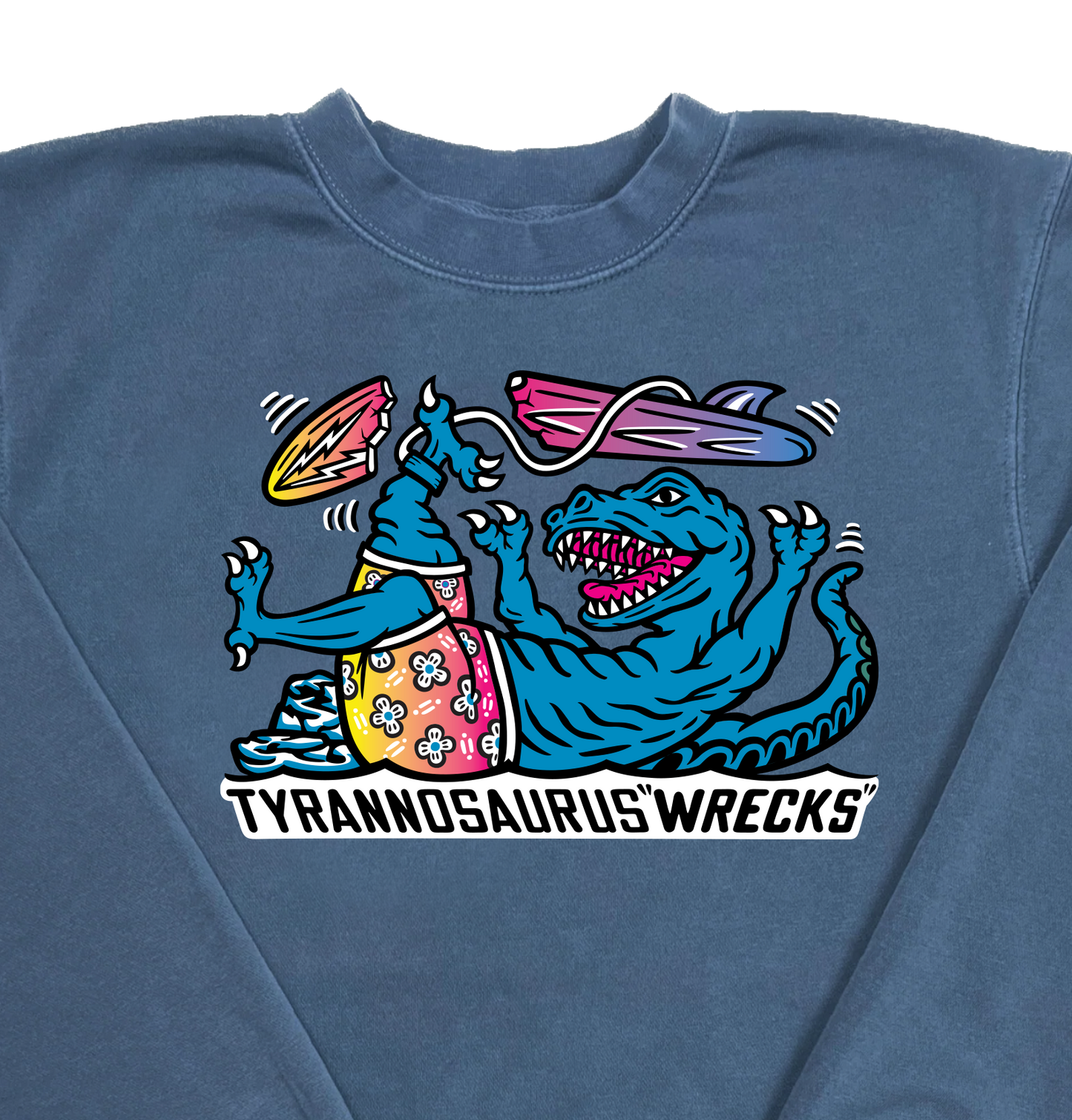Surfing Tyrannosaurus Wrecks rex “Pigment Dyed” Crewneck Sweatshirt