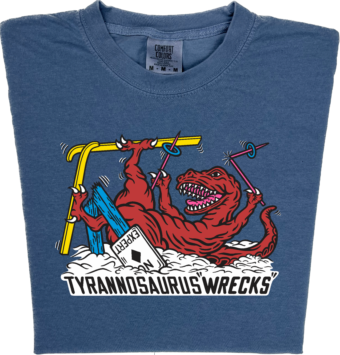 Skiing Tyrannosaurus Wrecks "garment dyed" t rex dino T-shirt