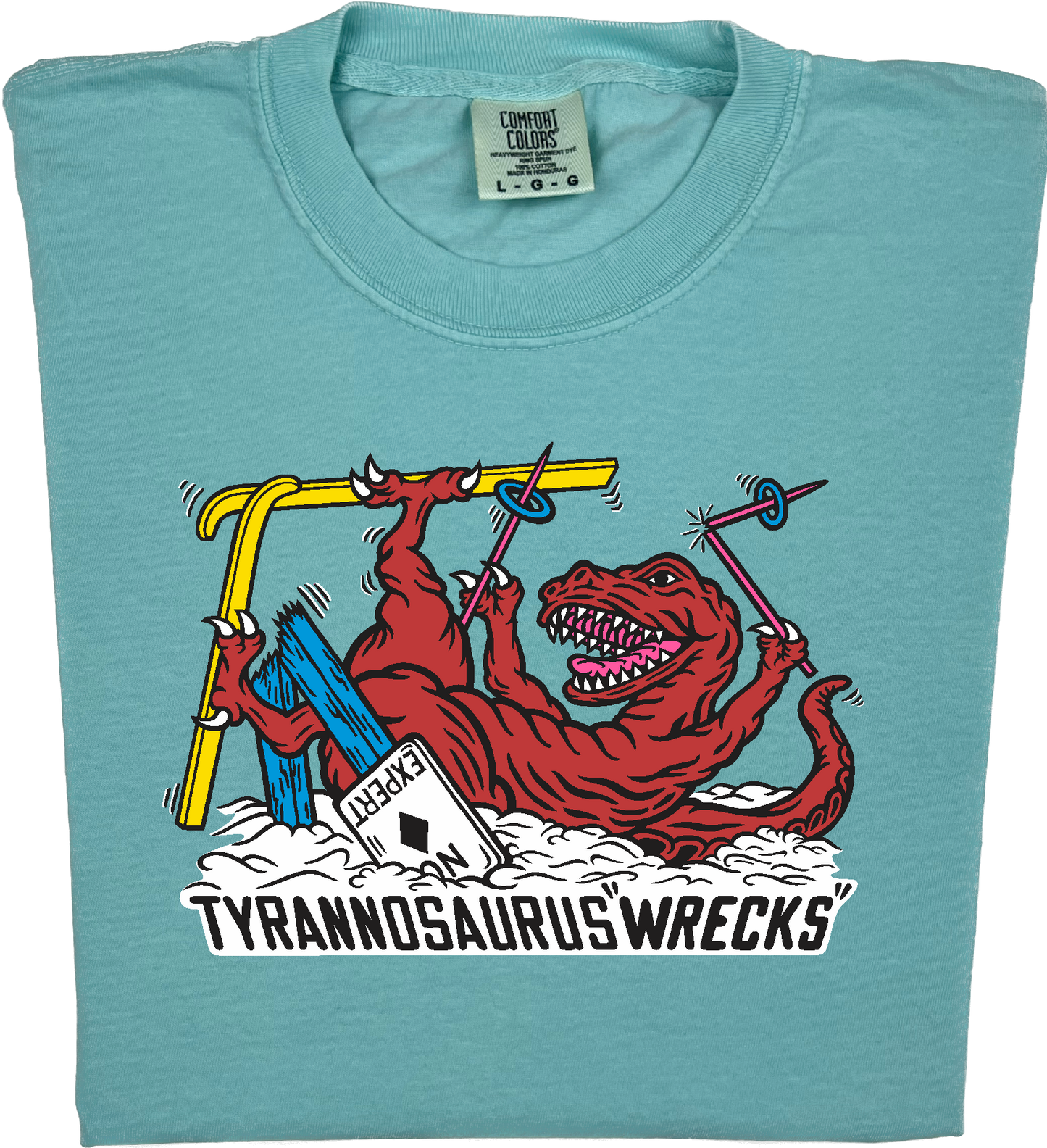 Skiing Tyrannosaurus Wrecks "garment dyed" t rex dino T-shirt