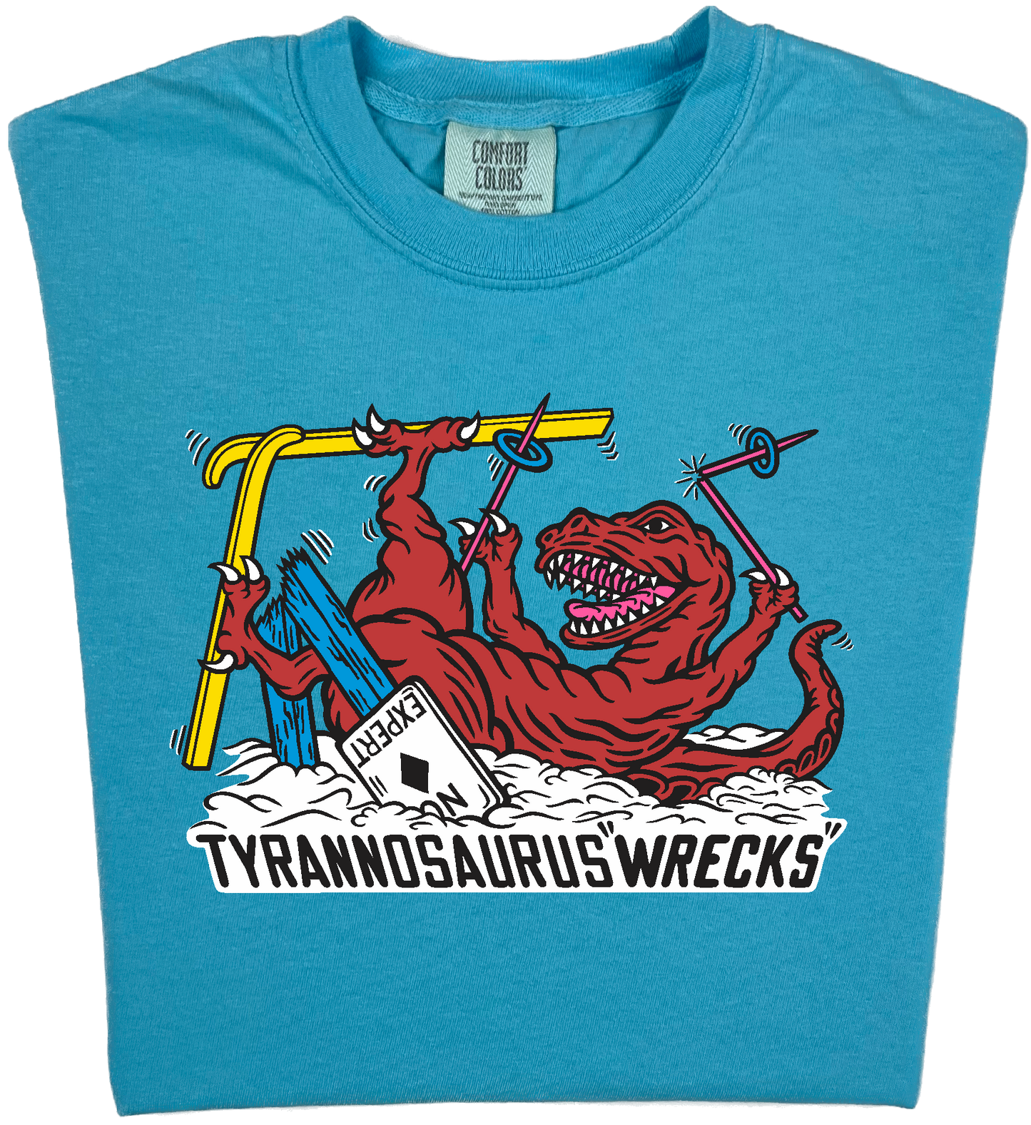 Skiing Tyrannosaurus Wrecks "garment dyed" t rex dino T-shirt