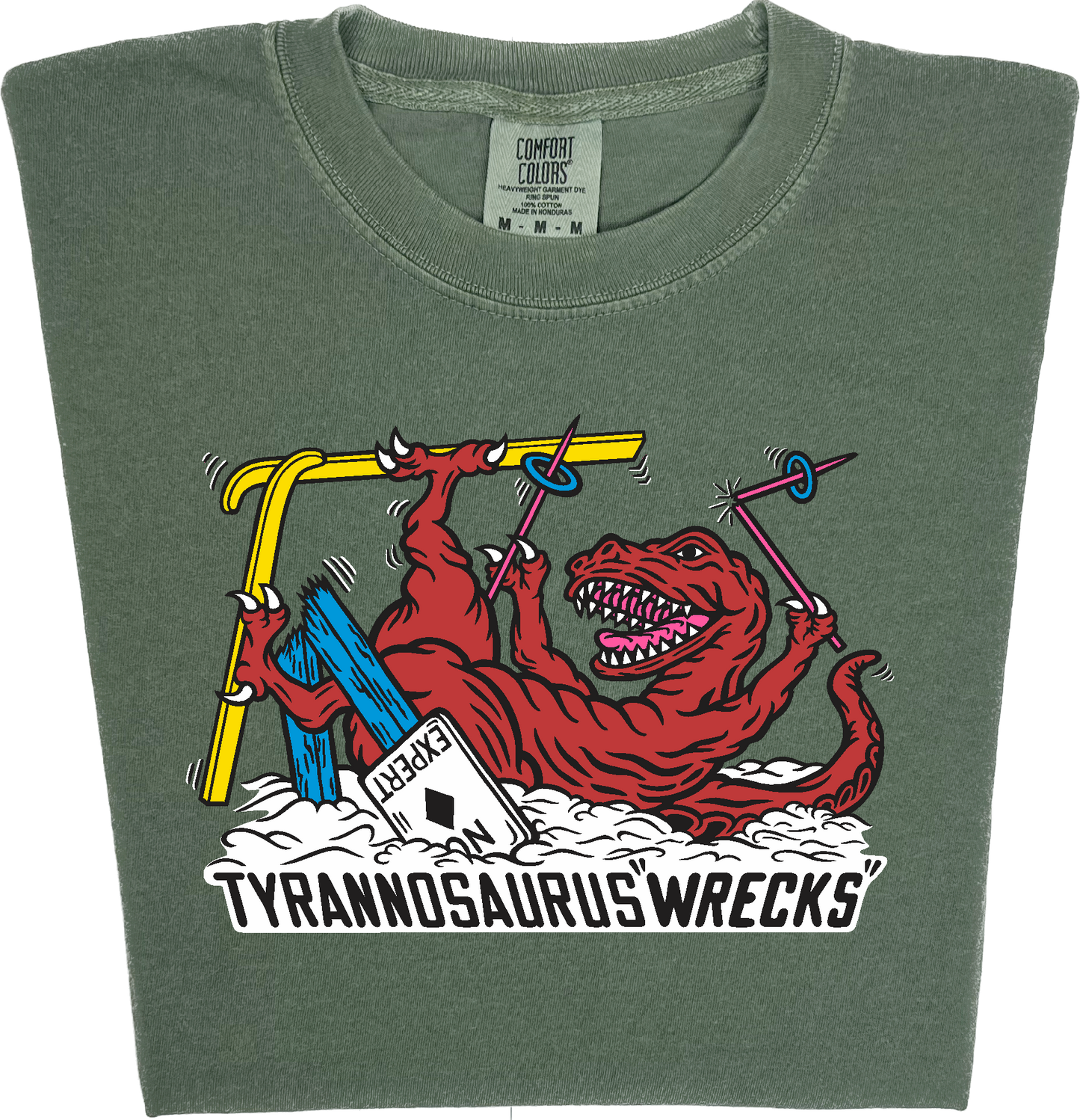 Skiing Tyrannosaurus Wrecks "garment dyed" t rex dino T-shirt