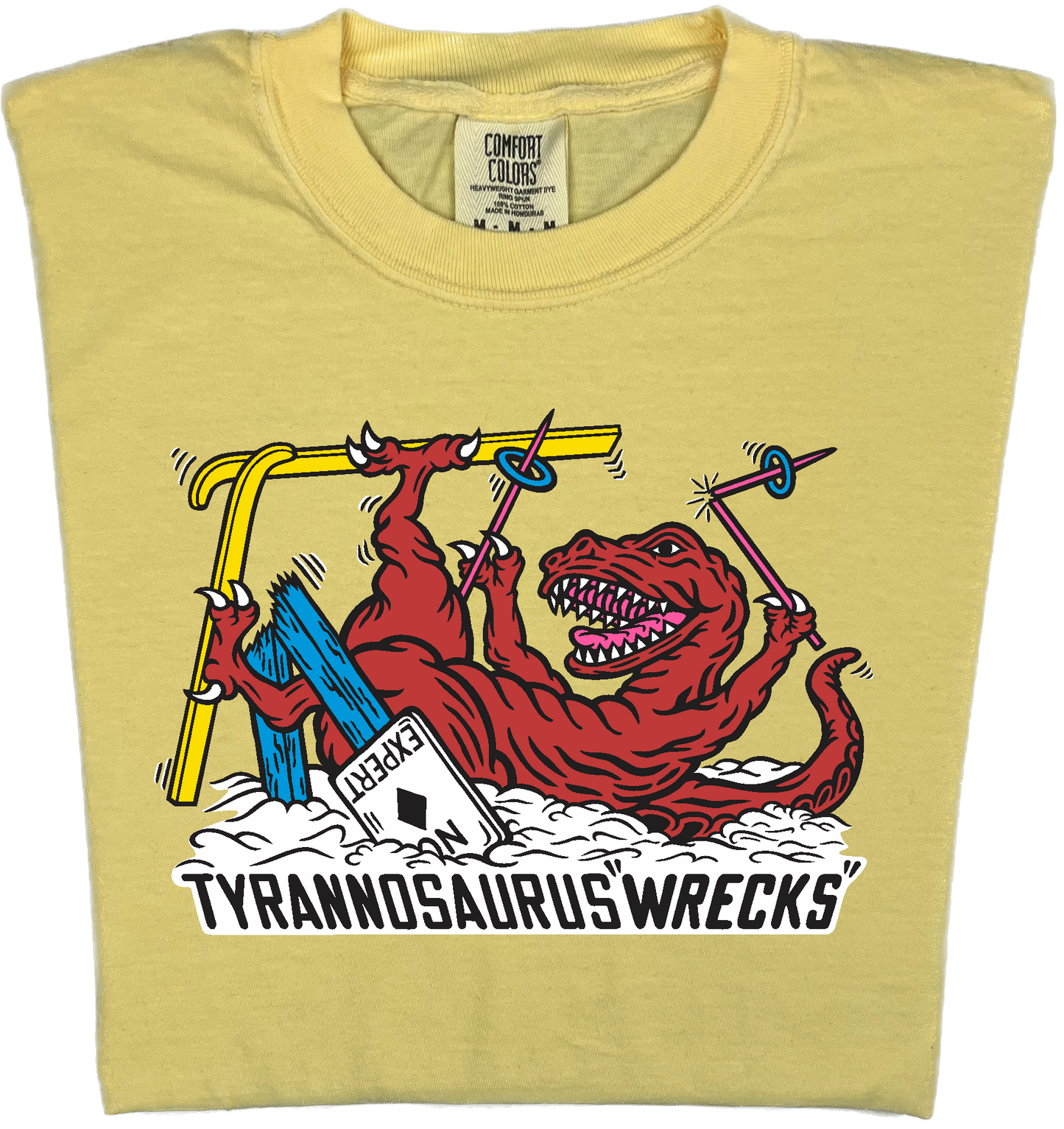 Skiing Tyrannosaurus Wrecks "garment dyed" t rex dino T-shirt