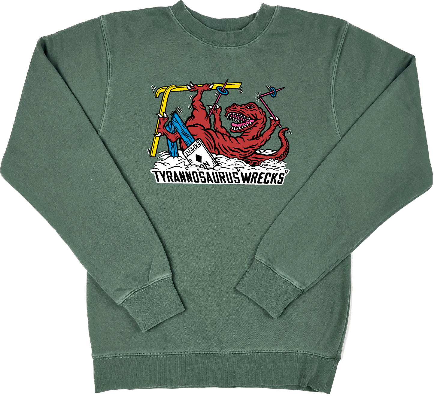 Skiing Tyrannosaurus "WRECKS" Rex Pigment Dyed Dino Crewneck Sweatshirt