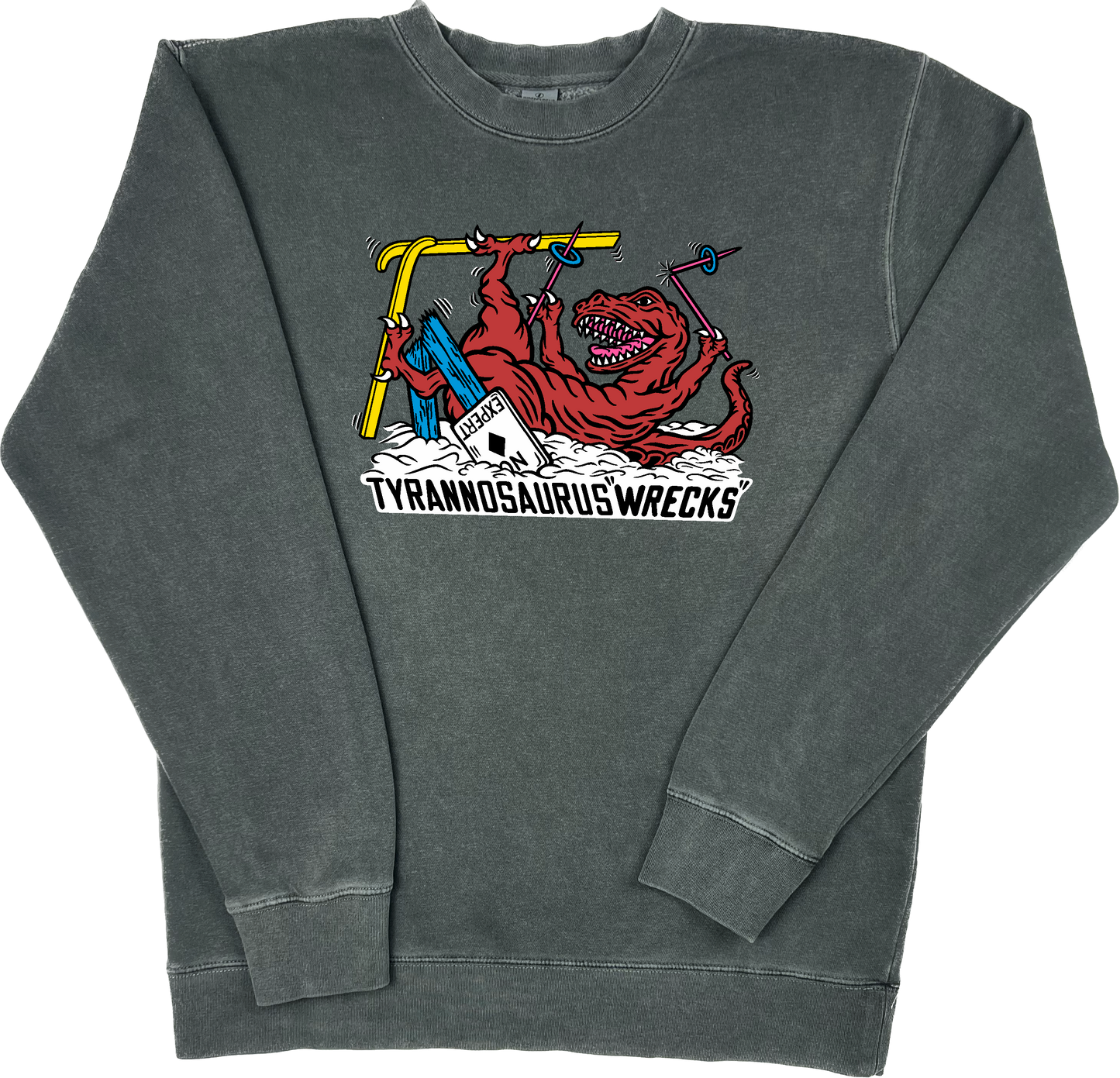 Skiing Tyrannosaurus "WRECKS" Rex Pigment Dyed Dino Crewneck Sweatshirt