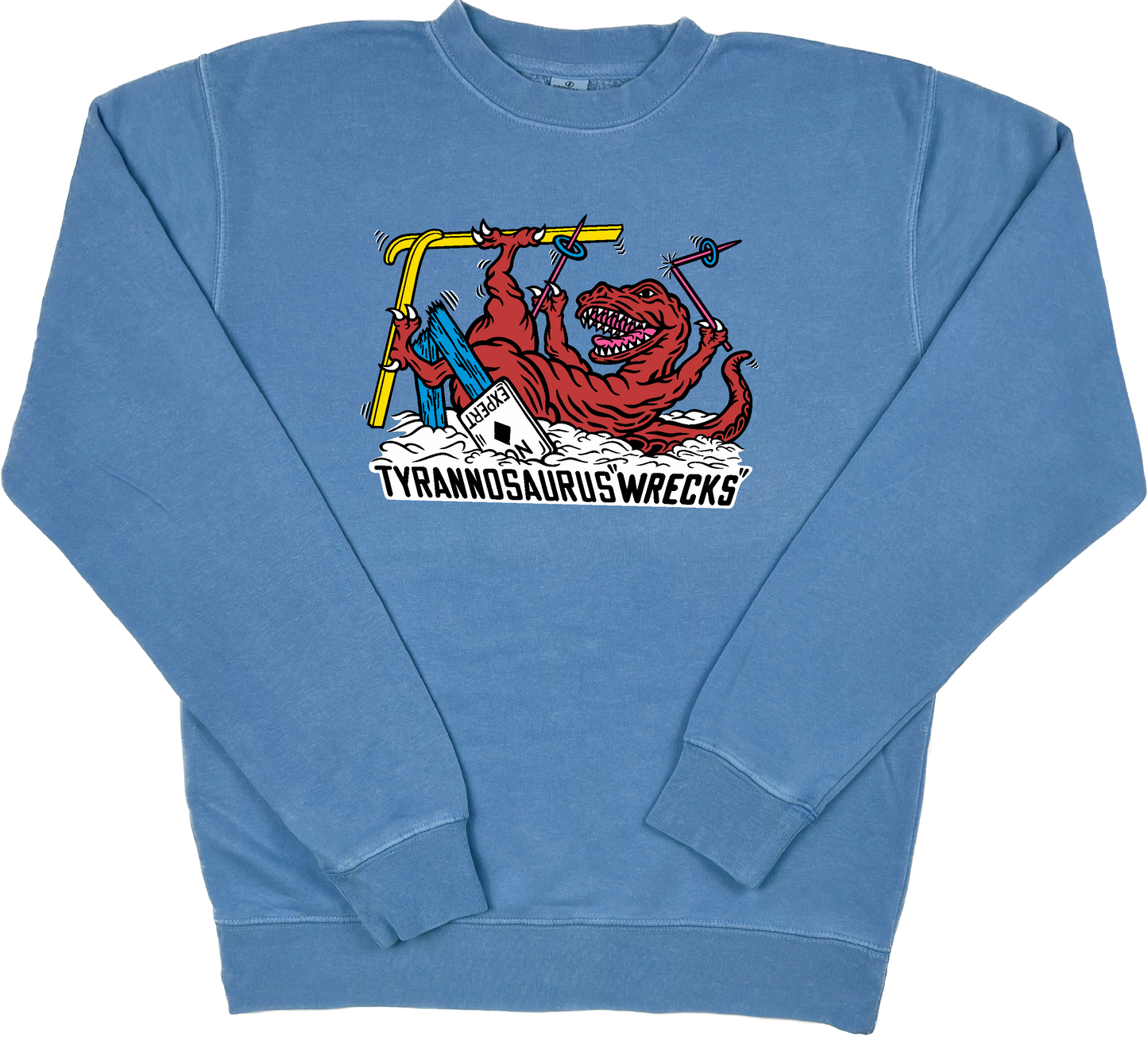 Skiing Tyrannosaurus "WRECKS" Rex Pigment Dyed Dino Crewneck Sweatshirt