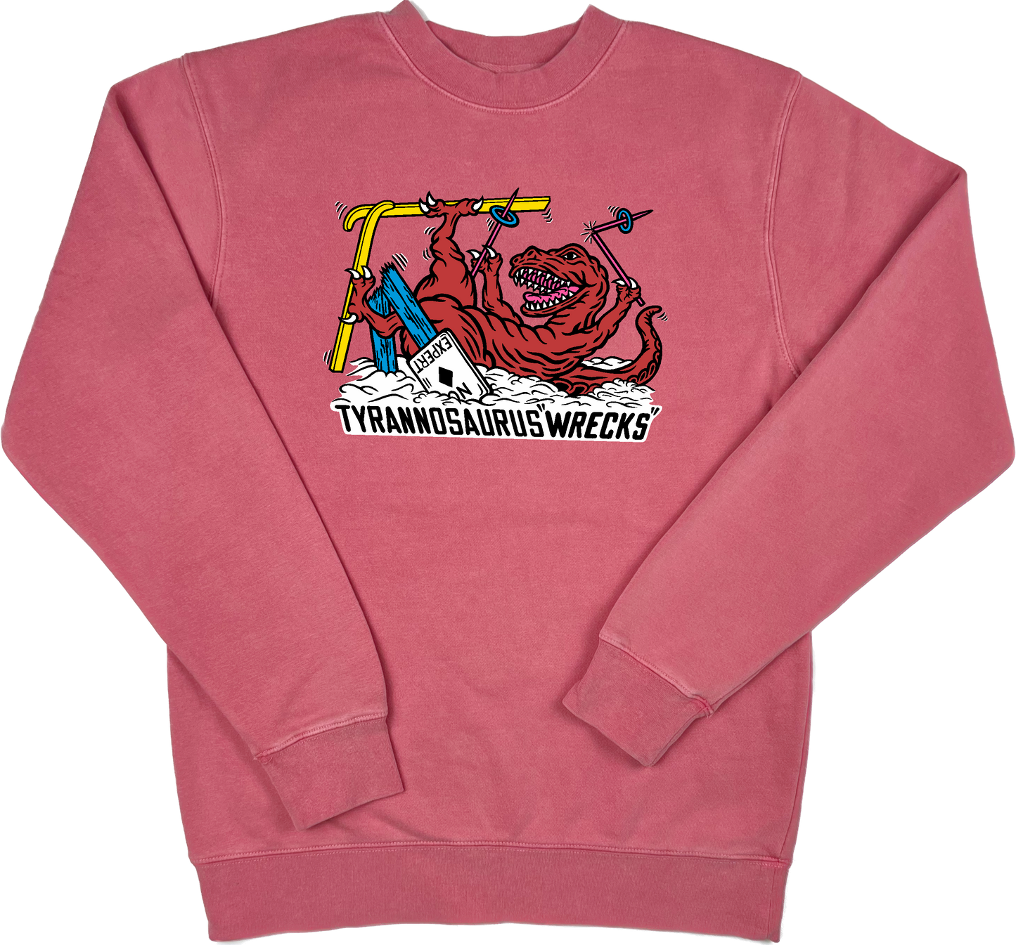 Skiing Tyrannosaurus "WRECKS" Rex Pigment Dyed Dino Crewneck Sweatshirt