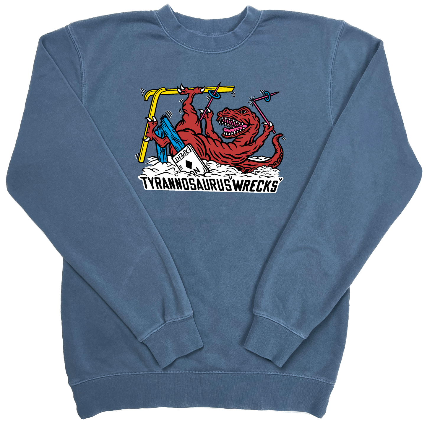 Skiing Tyrannosaurus "WRECKS" Rex Pigment Dyed Dino Crewneck Sweatshirt