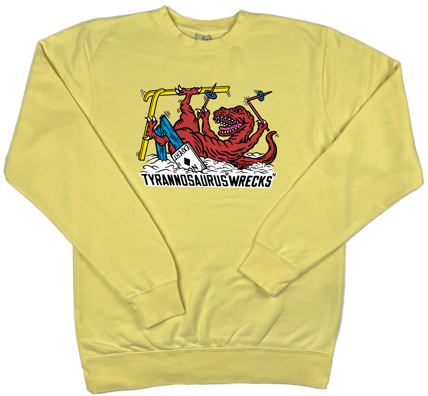 Skiing Tyrannosaurus "WRECKS" Rex Pigment Dyed Dino Crewneck Sweatshirt