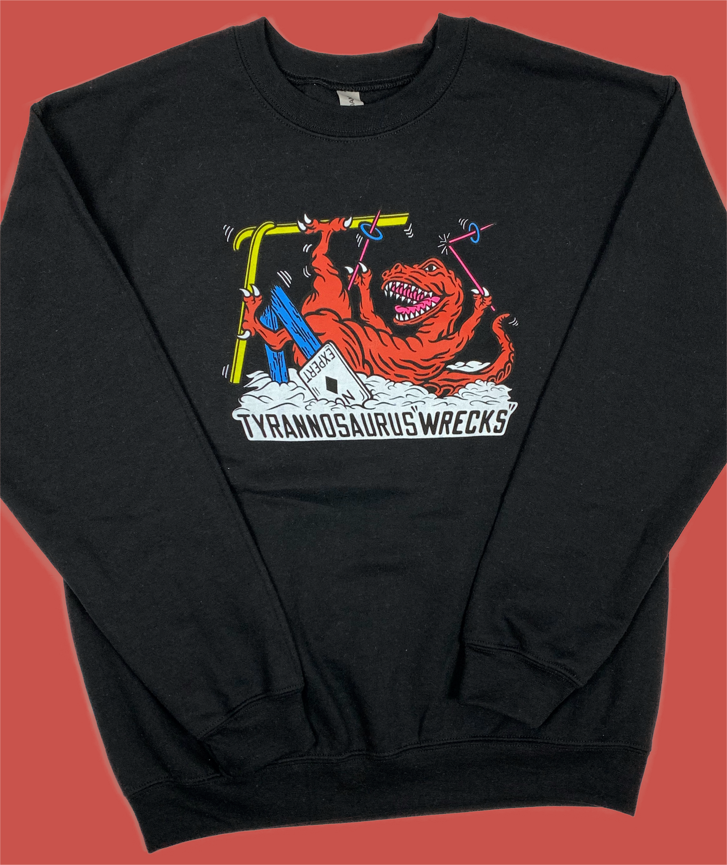 Skiing Tyrannosaurus "wrecks" Dinosaur Crewneck Sweatshirt T-Rex Dino
