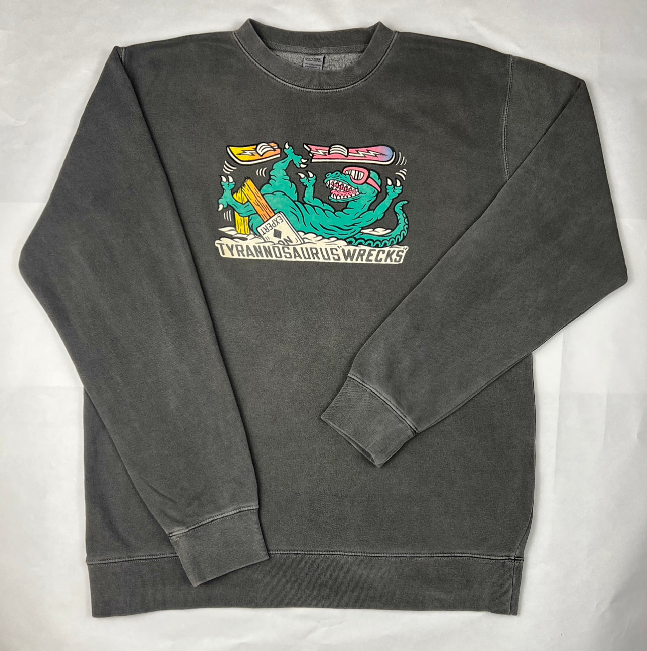 Snowboarding T-Wrecks Tyrannosaurus T-rex Dino "Pigment Dyed" Crewneck Sweatshirt