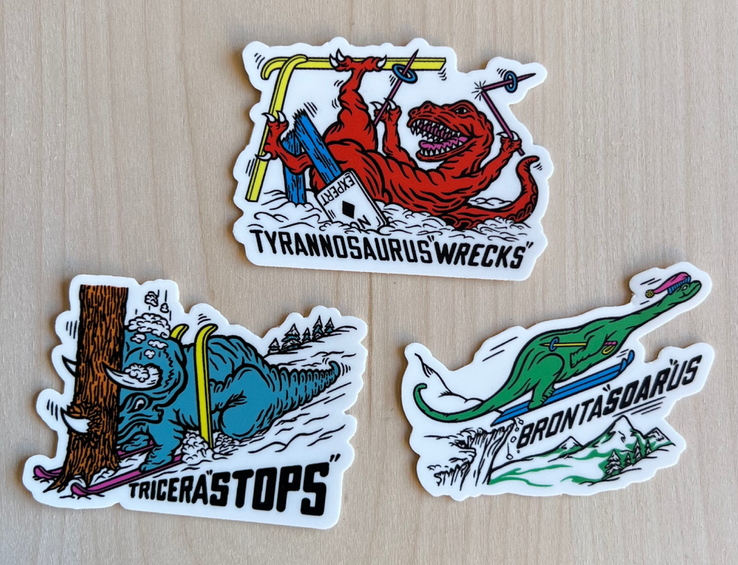 Skiing Dinosaur Pun Sticker 3 Pack