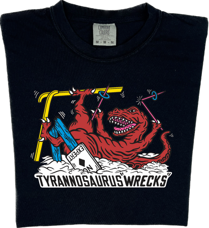 Skiing Tyrannosaurus Wrecks "garment dyed" t rex dino T-shirt