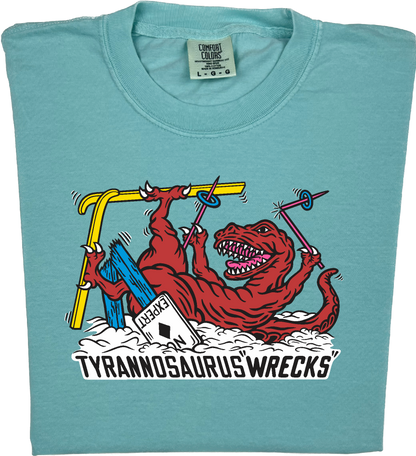 Skiing Tyrannosaurus Wrecks "garment dyed" t rex dino T-shirt
