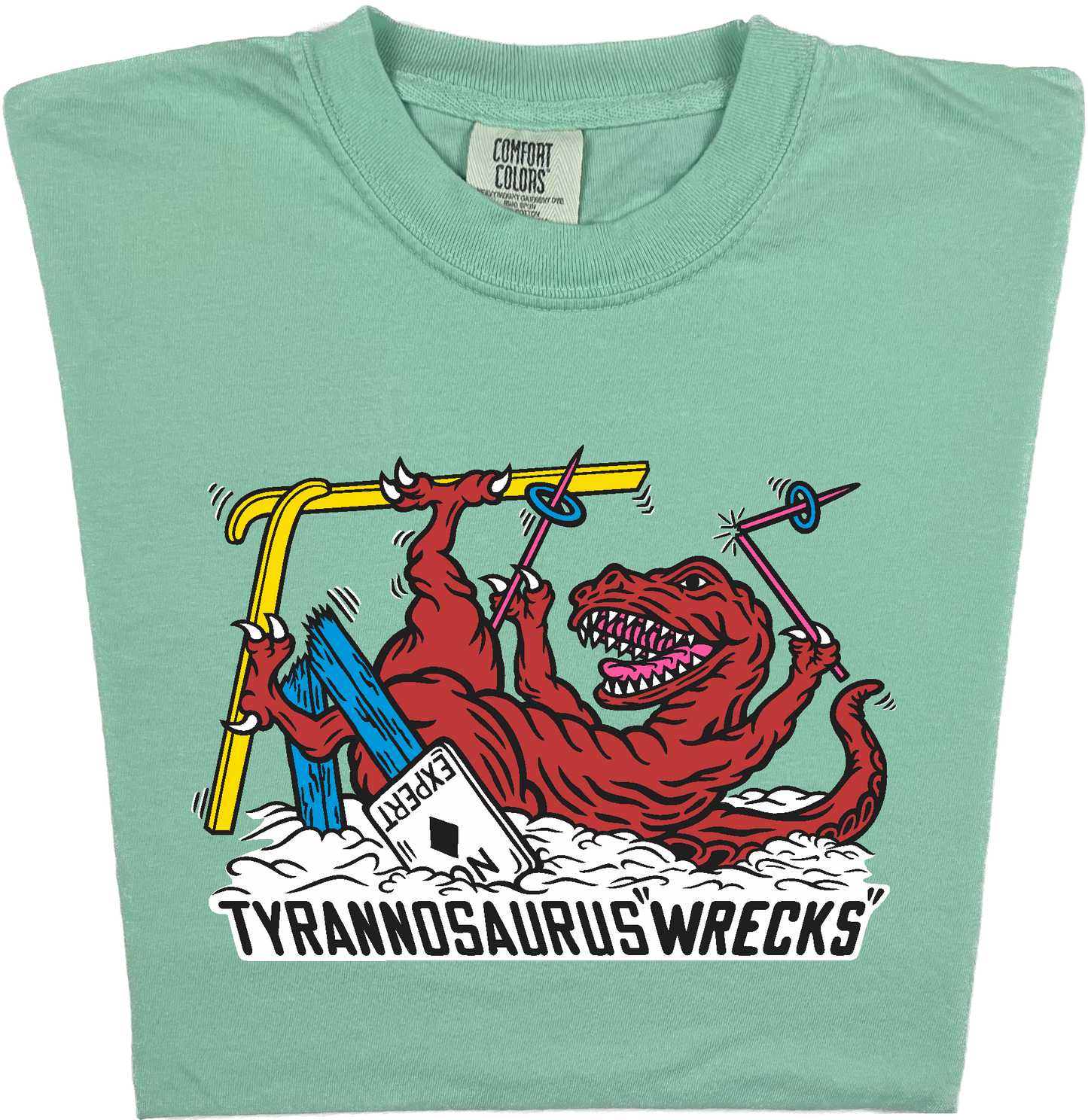 Skiing Tyrannosaurus Wrecks "garment dyed" t rex dino T-shirt