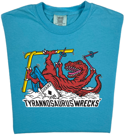 Skiing Tyrannosaurus Wrecks "garment dyed" t rex dino T-shirt