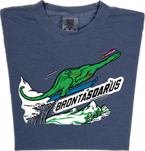 Load image into Gallery viewer, Skiing Bronta SOAR us &quot;garment dyed&quot; Brontosaurus Dino T-shirt