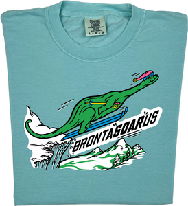 Skiing Bronta SOAR us "garment dyed" Brontosaurus Dino T-shirt