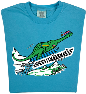 Skiing Bronta SOAR us "garment dyed" Brontosaurus Dino T-shirt