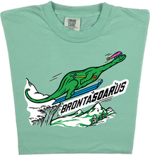 Load image into Gallery viewer, Skiing Bronta SOAR us &quot;garment dyed&quot; Brontosaurus Dino T-shirt