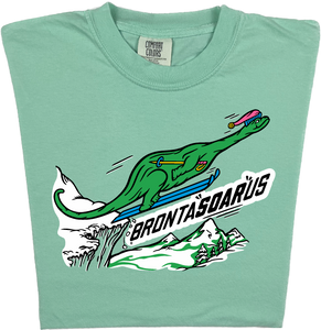 Skiing Bronta SOAR us "garment dyed" Brontosaurus Dino T-shirt