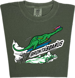 Skiing Bronta SOAR us "garment dyed" Brontosaurus Dino T-shirt