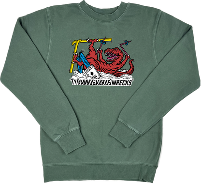 Skiing Tyrannosaurus "WRECKS" Rex Pigment Dyed Dino Crewneck Sweatshirt