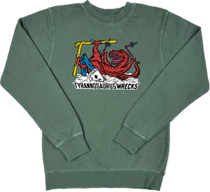 Skiing Tyrannosaurus "WRECKS" Rex Pigment Dyed Dino Crewneck Sweatshirt