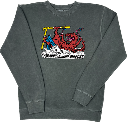 Skiing Tyrannosaurus "WRECKS" Rex Pigment Dyed Dino Crewneck Sweatshirt