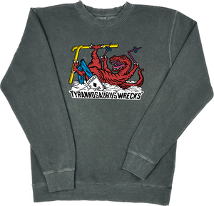 Skiing Tyrannosaurus "WRECKS" Rex Pigment Dyed Dino Crewneck Sweatshirt