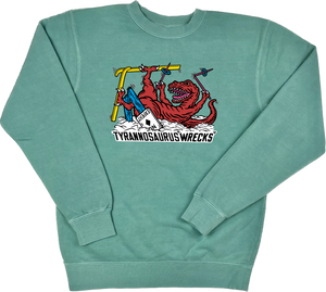 Skiing Tyrannosaurus "WRECKS" Rex Pigment Dyed Dino Crewneck Sweatshirt