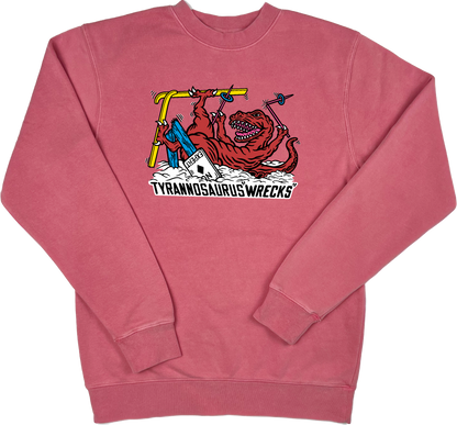 Skiing Tyrannosaurus "WRECKS" Rex Pigment Dyed Dino Crewneck Sweatshirt