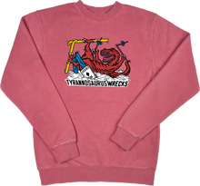 Load image into Gallery viewer, Skiing Tyrannosaurus &quot;WRECKS&quot; Rex Pigment Dyed Dino Crewneck Sweatshirt