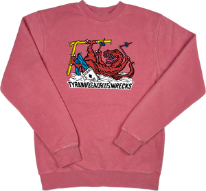 Skiing Tyrannosaurus "WRECKS" Rex Pigment Dyed Dino Crewneck Sweatshirt