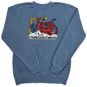 Skiing Tyrannosaurus "WRECKS" Rex Pigment Dyed Dino Crewneck Sweatshirt