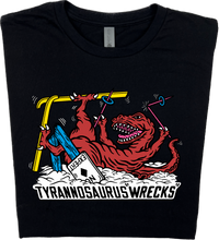 Load image into Gallery viewer, Skiing Tyrannosaurus &quot;Wrecks&quot; Dinosaur T-shirt