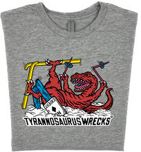 Load image into Gallery viewer, Skiing Tyrannosaurus &quot;Wrecks&quot; Dinosaur T-shirt