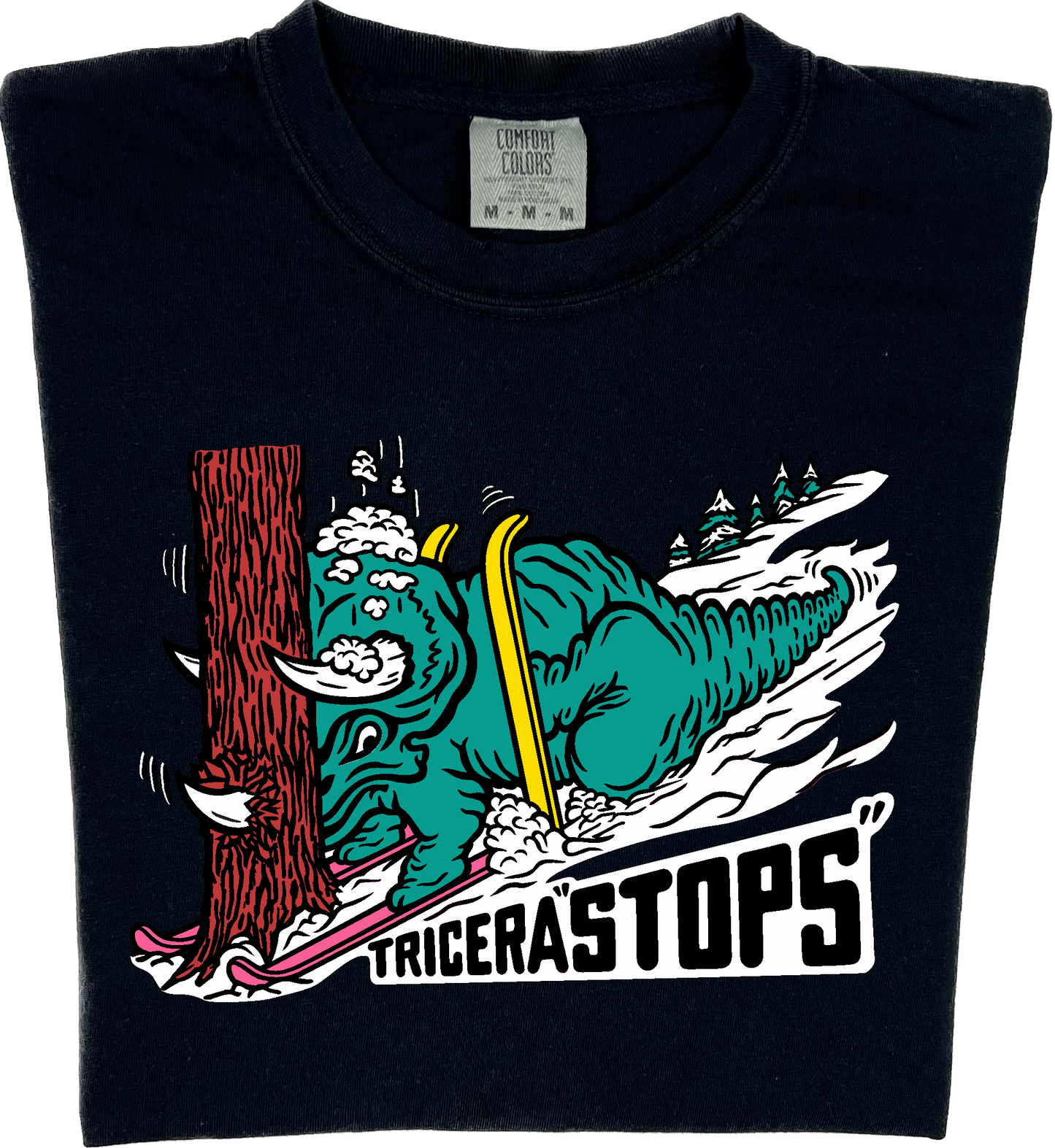Skiing Tricera STOPS "garment dyed" Triceratops Dino T-shirt