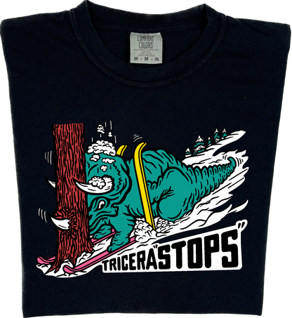 Skiing Tricera STOPS "garment dyed" Triceratops Dino T-shirt