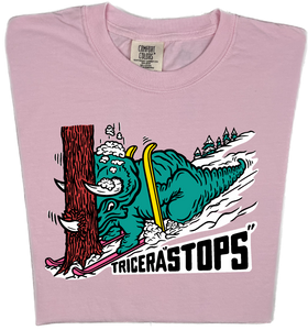 Skiing Tricera STOPS "garment dyed" Triceratops Dino T-shirt
