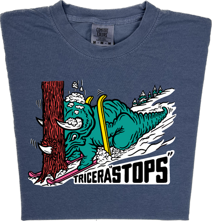 Skiing Tricera STOPS "garment dyed" Triceratops Dino T-shirt