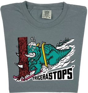 Skiing Tricera STOPS "garment dyed" Triceratops Dino T-shirt