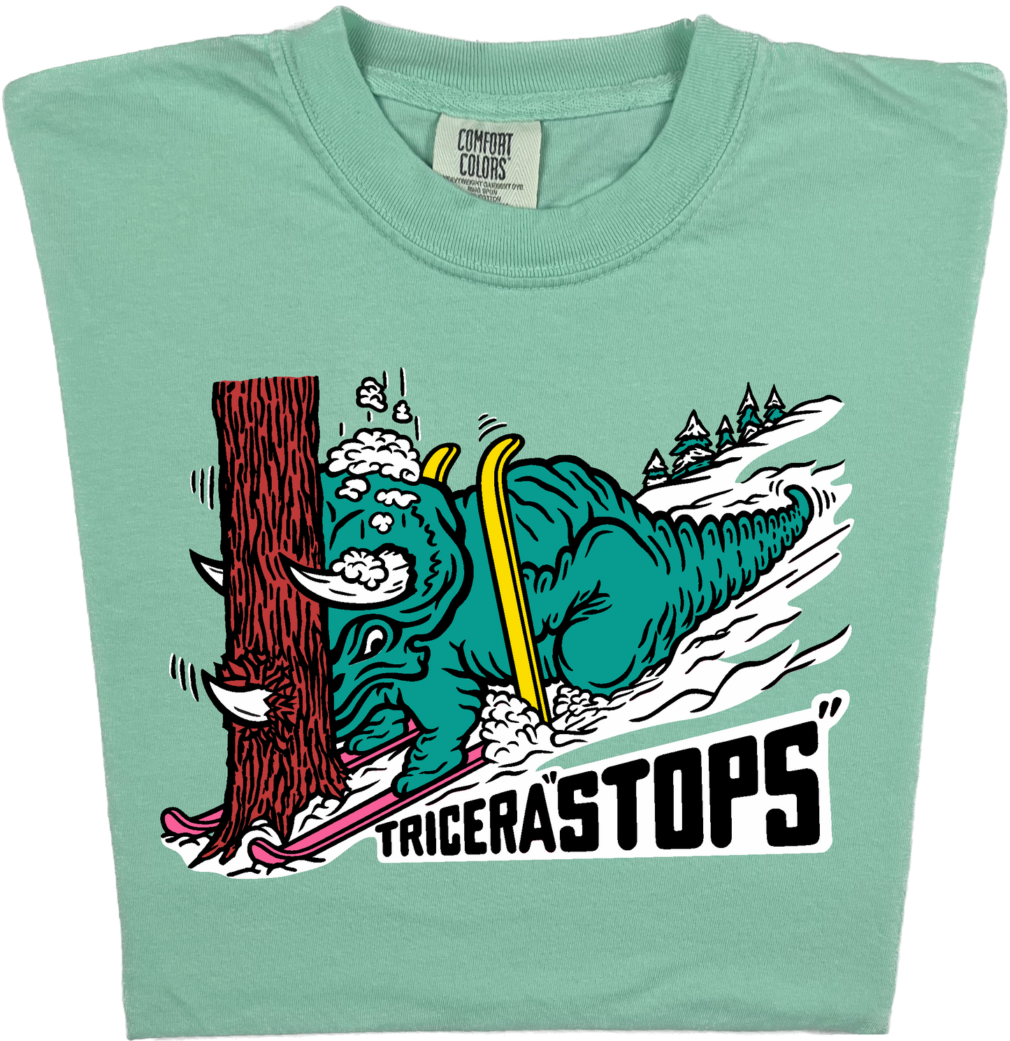 Skiing Tricera STOPS "garment dyed" Triceratops Dino T-shirt