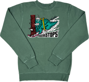 Skiing Tricera"STOPS" Dinosaur Pigment Dyed Crewneck Sweatshirt Triceratops