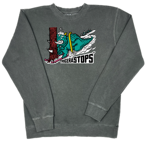 Skiing Tricera"STOPS" Dinosaur Pigment Dyed Crewneck Sweatshirt Triceratops