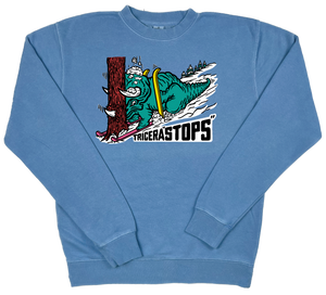 Skiing Tricera"STOPS" Dinosaur Pigment Dyed Crewneck Sweatshirt Triceratops