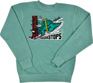 Skiing Tricera"STOPS" Dinosaur Pigment Dyed Crewneck Sweatshirt Triceratops